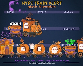 Halloween Twitch Overlay, Animated Hype Train Alerts, Ghosts Pumpkins Stream Graphics (WEBM)
