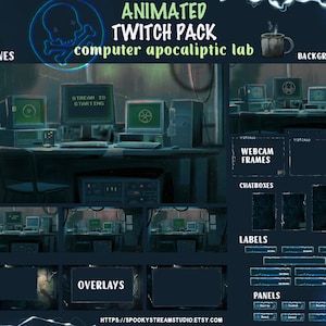 May include: Animated Twitch pack with a computer apocalyptic lab theme. The image features scenes, backgrounds, webcam frames, chat boxes, labels, and panels. The text "STREAM IS STARTING" is visible on a computer screen. The overall color scheme is dark blue and green.