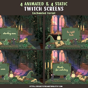 May include: Four animated and static Twitch screens with an enchanted forest theme. Each screen features a computer with text, a witch hat, a skull, a book, and other magical elements. The text on the screens includes "starting soon", "be right back", "ending soon", and "thanks for watching".
