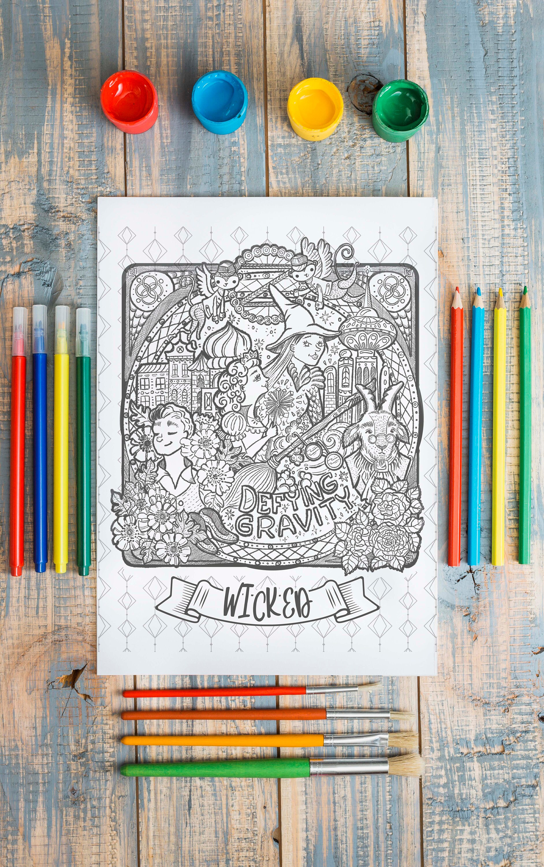 Wicked Musical Coloring Page Poster Glinda and Elphaba Wall Art Gift