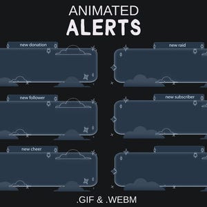Puede incluir: Alertas animadas para streaming, con paneles rectangulares azul oscuro con acentos de nubes y estrellas. El texto incluye "new donation", "new raid", "new follower", "new subscriber" y "new cheer". Los formatos de archivo son .GIF & .WEBM.
