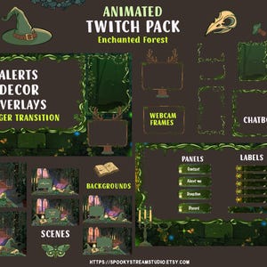 Puede incluir: Paquete animado de Twitch con temática de bosque encantado. Incluye alertas, superposiciones de decoración, transición de aguijón, marcos de webcam, cuadros de chat, paneles, etiquetas, fondos y escenas. Con sombrero de bruja, calavera y llave.