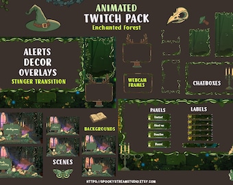 May include: An animated Twitch pack with an enchanted forest theme. Includes alerts, decor overlays, stinger transition, webcam frames, chat boxes, panels, labels, backgrounds, and scenes. The pack features a witch hat, skull, and key.