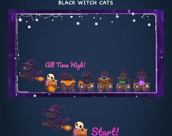 Geanimeerde Hype Train Alert Black Witch Cat Twitch Stream Overlay, Spooky Halloween Sub Goal Widget, Kawaii Magic Webm