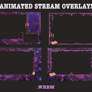 Op de afbeelding: Geanimeerde stream overlays met een gothic of fantasy thema, in paarse en roze tinten. De decoratieve frames bevatten kaarsen, boeken en wijnranken. De tekst "ANIMATED STREAM OVERLAYS" staat bovenaan, en ".WEBM" onderaan.