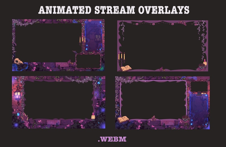 Op de afbeelding: Geanimeerde stream overlays met een gothic of fantasy thema, in paarse en roze tinten. De decoratieve frames bevatten kaarsen, boeken en wijnranken. De tekst "ANIMATED STREAM OVERLAYS" staat bovenaan, en ".WEBM" onderaan.