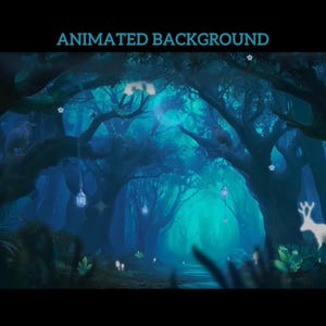 Può includere: Un'immagine di sfondo animata di una scena di foresta mistica. L'immagine presenta un sentiero che conduce in lontananza, incorniciato da grandi alberi con lanterne luminose e luci a forma di stella. Il testo "ANIMATED BACKGROUND" è in alto.