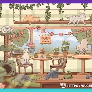 May include: An illustrated scene of a cat cafe with multiple cats lounging and playing. The scene includes a sofa, tables, plants, and a coffee machine. A sign reads "Welcome to my stream."