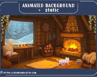 May include: An animated illustration of a cozy cabin interior with a fireplace, lit candles, and a snowy window view. The text "ANIMATED BACKGROUND + static" is at the top. A cat is walking on the floor. The Etsy shop URL is at the bottom.