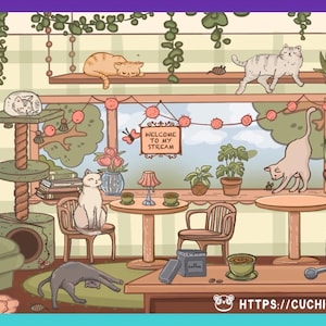 May include: Illustration of a cozy cat-themed room with multiple cats, plants, and coffee-making equipment. A sign reads "Welcome to My Stream." The color palette is soft, with shades of beige, brown, and green.