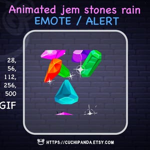 May include: Animated gem stones rain emote/alert graphic. The image features colorful, animated gem stones in various shapes and colors, including pink, orange, green, and blue. The text includes size options and a GIF label. The Etsy shop URL is also included.