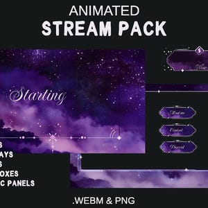 Galaxy Animated Stream Overlay Purple Package | Violet Cosmic Twitch Bundle, Panels & Screens | Aesthetic VTuber Assets for OBS