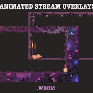 Op de afbeelding: Geanimeerde stream overlays in paarse en roze tinten. De ontwerpen omvatten bakstenen muren, wijnranken, lantaarns, kaarsen en een boek. De tekst "ANIMATED STREAM OVERLAYS" staat bovenaan de afbeelding.