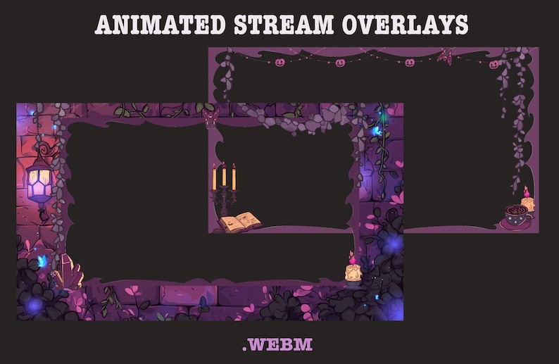 Op de afbeelding: Geanimeerde stream overlays in paarse en roze tinten. De ontwerpen omvatten bakstenen muren, wijnranken, lantaarns, kaarsen en een boek. De tekst "ANIMATED STREAM OVERLAYS" staat bovenaan de afbeelding.
