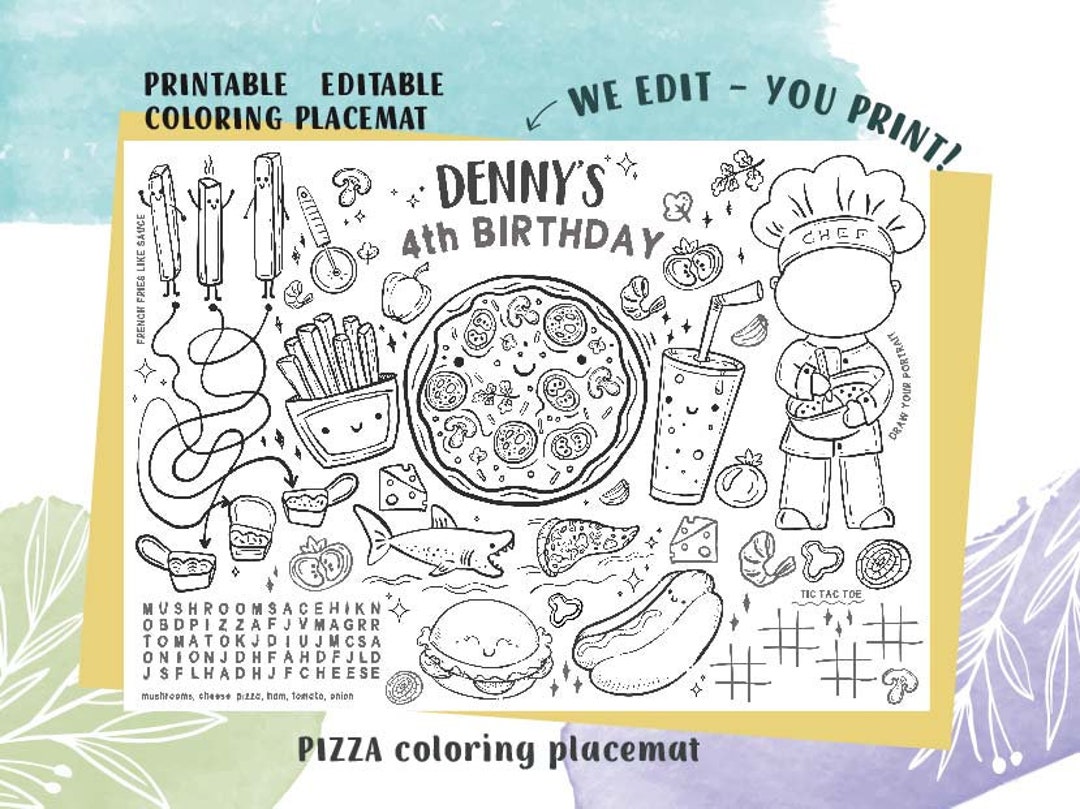 Pizza Placemat Coloring Toddler Birthday Activity Custom Name Kids ...