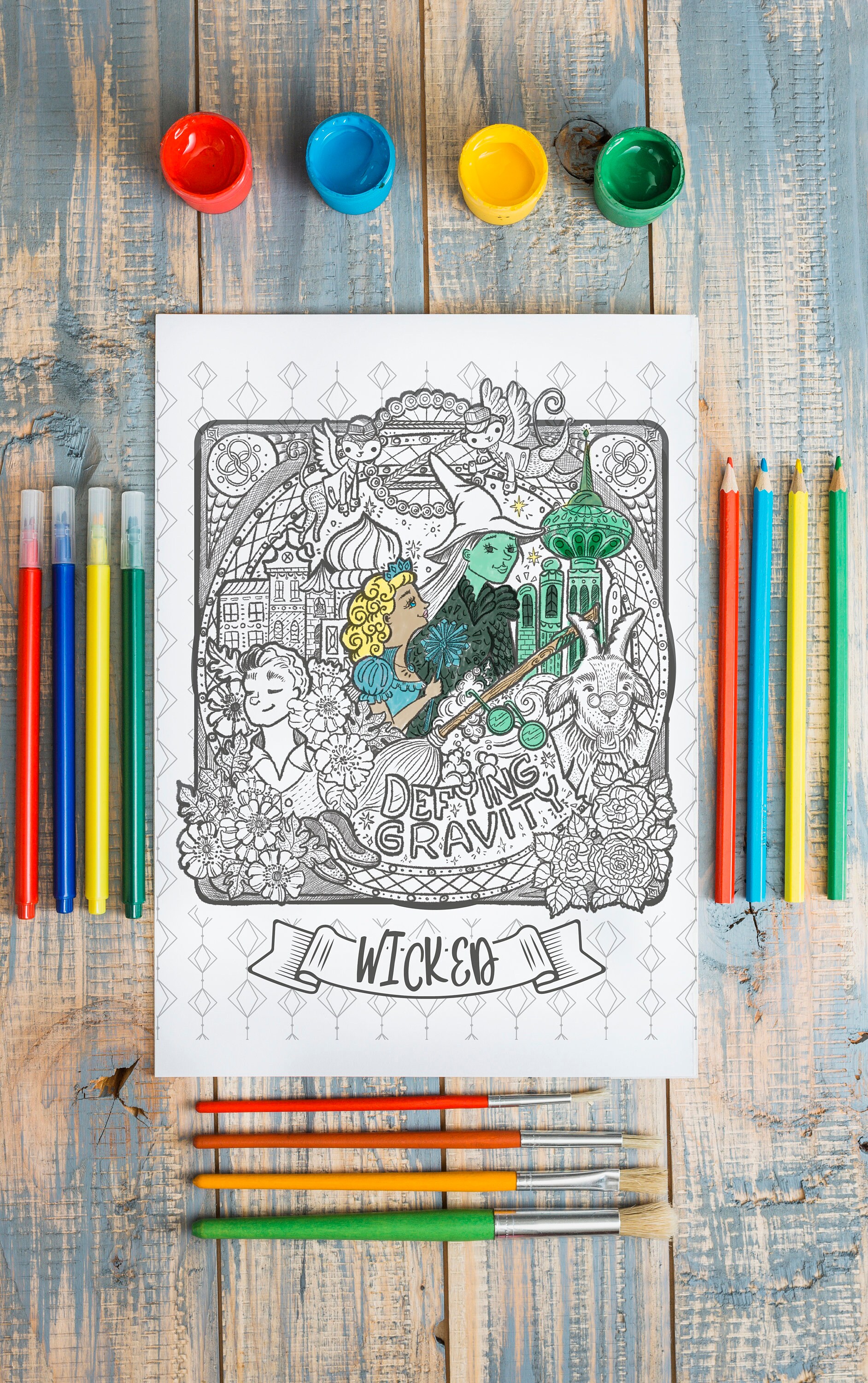 Wicked Musical Coloring Page Poster Glinda and Elphaba Wall Art Gift ...