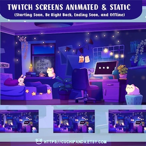 Animated Twitch Screen, Purple Girls room, Static  Stream Decor, Cat, Gamer Cozy Night , Aesthetic Gaming Room, Dark Violet Theme