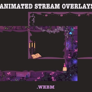 Op de afbeelding: Geanimeerde streamoverlays met een donkerpaars en roze thema. De overlays hebben een bakstenen muurontwerp met hangende wijnranken, lantaarns, kaarsen en pompoenen. De tekst "ANIMATED STREAM OVERLAYS" staat bovenaan en ".WEBM" onderaan.