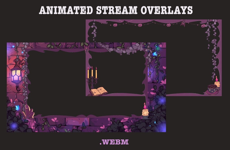 Op de afbeelding: Geanimeerde streamoverlays met een donkerpaars en roze thema. De overlays hebben een bakstenen muurontwerp met hangende wijnranken, lantaarns, kaarsen en pompoenen. De tekst "ANIMATED STREAM OVERLAYS" staat bovenaan en ".WEBM" onderaan.