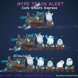 Può includere: Un grafico digitale che mostra un treno a vapore marrone con luci blu brillanti e fantasmi bianchi. Il testo recita HYPE TRAIN ALERT, Cute Ghosts Express, Start!, Level 3 e All time high!. In basso include 8 alerts 1920 x 1080 .WEBM Looped Animation 12 sec.