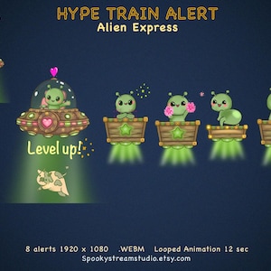 Puede incluir: Conjunto gráfico digital titulado HYPE TRAIN ALERT Alien Express con alienígenas verdes de dibujos animados en carros de madera y un OVNI con un corazón rosa, emitiendo haces de luz verdes. Incluye el texto Level up y 8 alertas en 1920 x 1080.