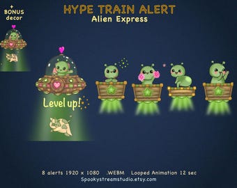 Geanimeerde Alien Hype Train-waarschuwingen | Kawaii UFO-streamoverlay (digitale download)