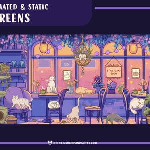 Op de afbeelding: Illustratie van een gezellige caféscène met katten. De afbeelding heeft een paars en roze kleurenschema, met katten die loungen op stoelen, tafels en planken. Tekst bovenaan luidt "ANIMATED & STATIC SCREENS" en "STARTING SOON" op een bord.