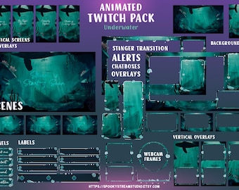 Animated Twitch Pack: Underwater Stream Overlays, Alerts, Scenes (Dark Theme)