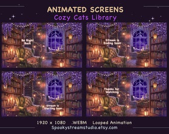 Animated Cozy Cat Library Stream Screens, Violet Wisteria, Candles (Digital Download)