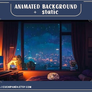 May include: Digital artwork depicting a room with a city view at night during a rainstorm. The room features a bed, desk with a computer, and plants. Text at the top says "ANIMATED BACKGROUND + static". The Etsy shop URL is at the bottom.