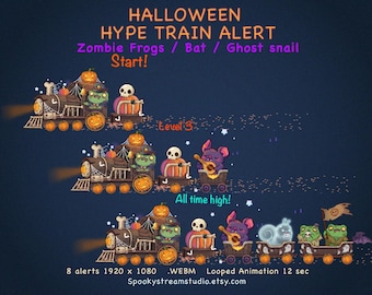 Animated Halloween Hype Train Alerts | Zombie Frogs, Bat, Ghost Stream Graphics (WEBM)