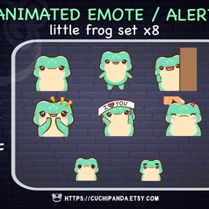 May include: Animated GIF set of eight green frog emotes. The emotes are in various poses, including waving, holding a heart, and peeking around a corner. The text "ANIMATED EMOTE / ALERT little frog set x8" and "GIF" are visible on the image. The text "HTTPS://CUCHIPANDA.ETSY.COM" is also visible at the bottom of the image.