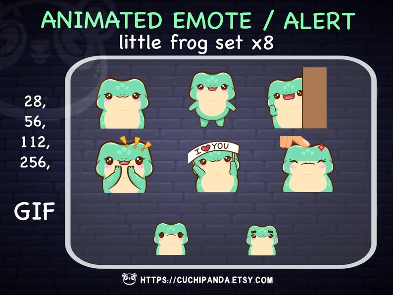 May include: Animated GIF set of eight green frog emotes. The emotes are in various poses, including waving, holding a heart, and peeking around a corner. The text "ANIMATED EMOTE / ALERT little frog set x8" and "GIF" are visible on the image. The text "HTTPS://CUCHIPANDA.ETSY.COM" is also visible at the bottom of the image.