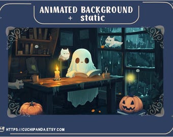 Animated Halloween Vtuber Background: Cozy Ghost Cat Room (Twitch Overlay - Webm & PNG)