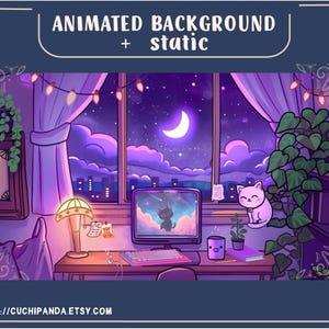 Puede incluir: Ilustración digital de una habitación con vista al cielo nocturno, en tonos morados. La habitación presenta un escritorio con una computadora, un gato y una lámpara. El texto "ANIMATED BACKGROUND + static" está en la parte superior. La URL de la tienda Etsy está en la parte inferior.