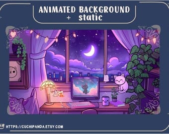 Animated Lofi Cat Cafe Vtuber Background, Cozy Purple Overlay