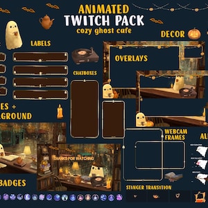 Peut inclure: Un pack Twitch animé sur le thème d'un café fantôme douillet. Le design comprend des panneaux, des étiquettes, des superpositions, des cadres de webcam, des alertes et des badges. La palette de couleurs comprend du bleu foncé, du marron et de l'orange, avec des illustrations de fantômes, de citrouilles et de chauves-souris.