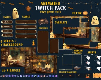 Animated Ghost Twitch Pack: Cozy Cafe, Rainy Day Halloween Stream Decor