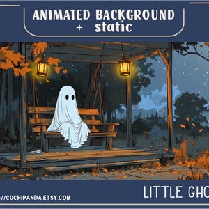 May include: Illustration of a white ghost sitting on a wooden swing on a porch. The background features a forest with autumn foliage and two lit lanterns. Text on the image reads "Animated Background + Static" and "Little Ghost". The Etsy shop URL is also visible.