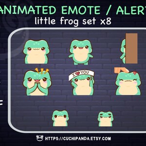 May include: A set of eight animated GIF emotes featuring a green frog in various poses. The emotes are labeled with the text "I love you" and "28, 56, 112, 256, GIF".
