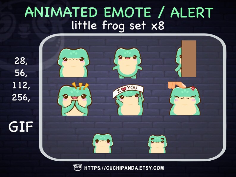 May include: A set of eight animated GIF emotes featuring a green frog in various poses. The emotes are labeled with the text "I love you" and "28, 56, 112, 256, GIF".