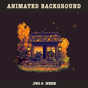 May include: Animated background image featuring a pixelated illustration of a house with a black cat on the porch. The house has a dark roof, lit lanterns, and is surrounded by autumn foliage. Text at the top reads "ANIMATED BACKGROUND" and at the bottom ".PNG & .WEBM".