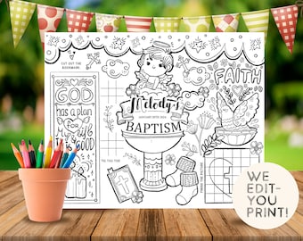 Baptism Coloring Activity Bookmark gift Placemat Christening 1st Communion Toddler Party Game Activity Sheet Custom Name