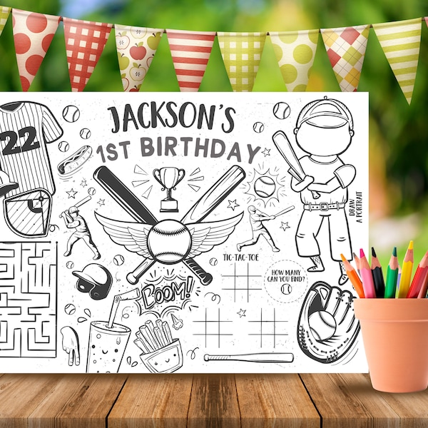 Baseball Personalized Coloring Placemat Player 1st Birthday Party Custom Coloring Activity Page, Digital Printable, Rookie of the Year Ball