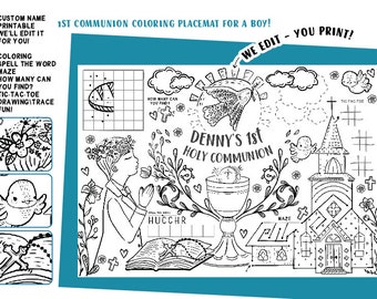 First Communion coloring placemat Boy Custom Kids Activity Sheet Digital File Printable