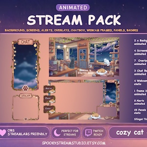 May include: An animated stream pack with a cozy cat cafe theme. Includes backgrounds, screens, overlays, chat boxes, webcam frames, panels, and badges. Features a purple and pink color scheme with the text "cozy cat cafe".