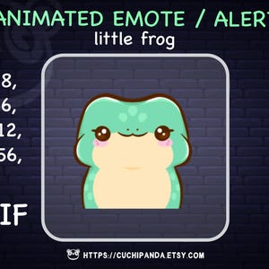May include: Animated GIF of a green frog with large eyes and a pink blush. The frog is smiling and has a light green body with a yellow belly. The GIF is set against a brick wall background. The text "ANIMATED EMOTE / ALERT" and "little frog" is at the top of the image. The text "28, 56, 112, 256, GIF" is on the left side of the image. The text "HTTPS://CUCHIPANDA.ETSY.COM" is at the bottom of the image.
