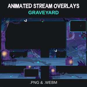 Op de afbeelding: Geanimeerde stream overlays met een kerkhof thema. Het ontwerp toont een donkere, spookachtige kerkhofscène met vleermuizen, grafstenen en een gloeiende maan. De tekst "Animated Stream Overlays" en "Graveyard" worden bovenaan weergegeven. Bestandsformaten zijn .PNG & .WEBM.