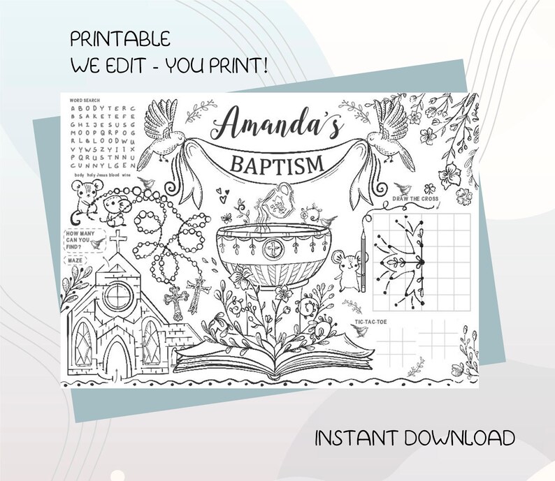Baptism Printable Coloring Placemat Party Activity Sheet - Etsy