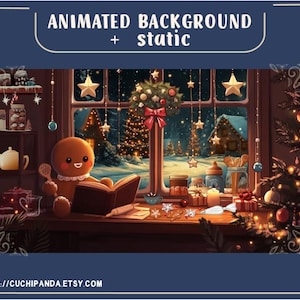 Vtuber-geanimeerde achtergrond voor Twitch, gezellige kerst, winteroverlay, lusachtergrond, gezellige sfeer, koekje, peperkoek